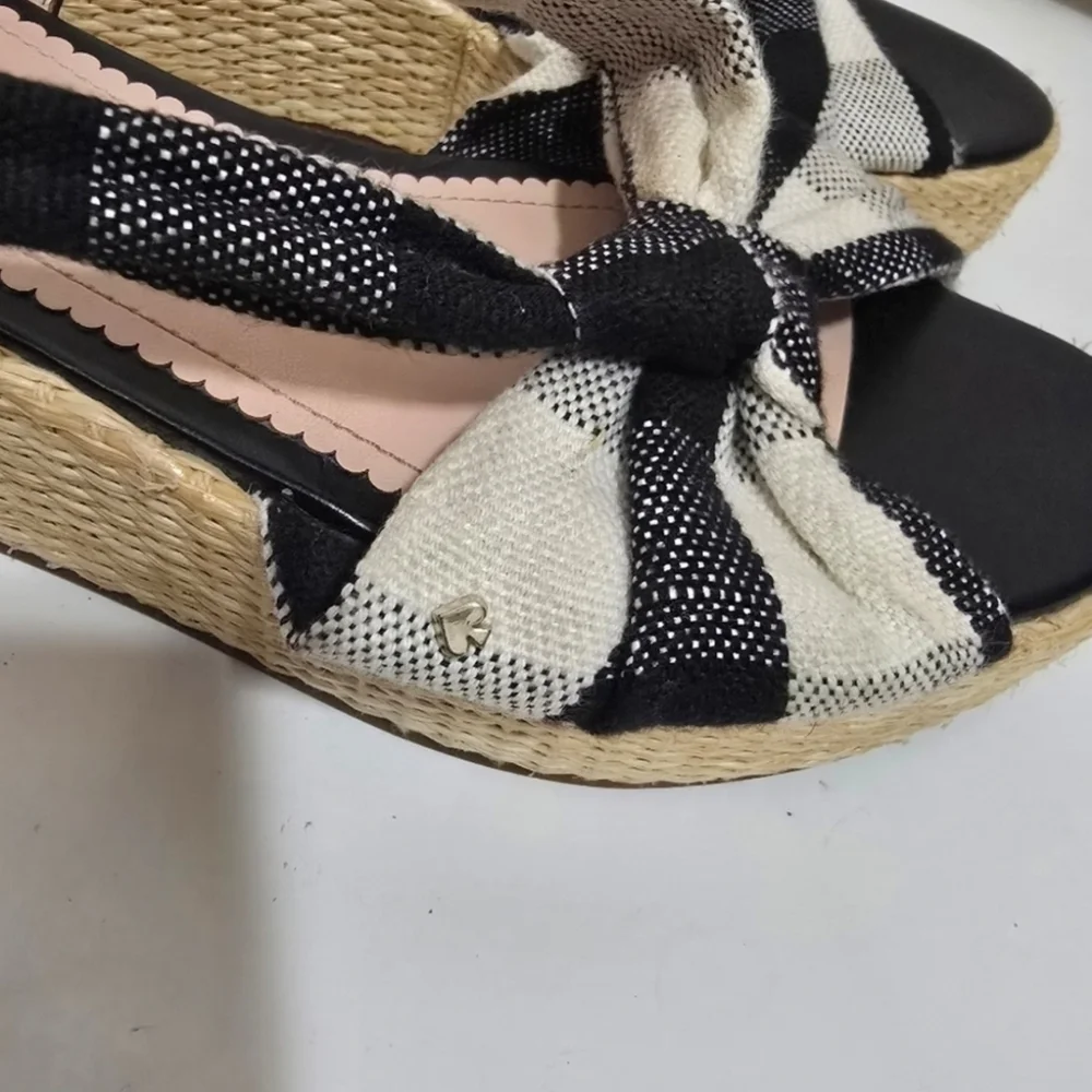 Kate Spade Black White Brown Plaid Bow Front Espadrille wedge sandals